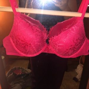 neon pink lacy bra